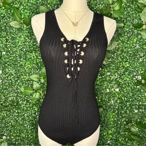 Windsor Black Lace-Up Ribbed Bodysuit